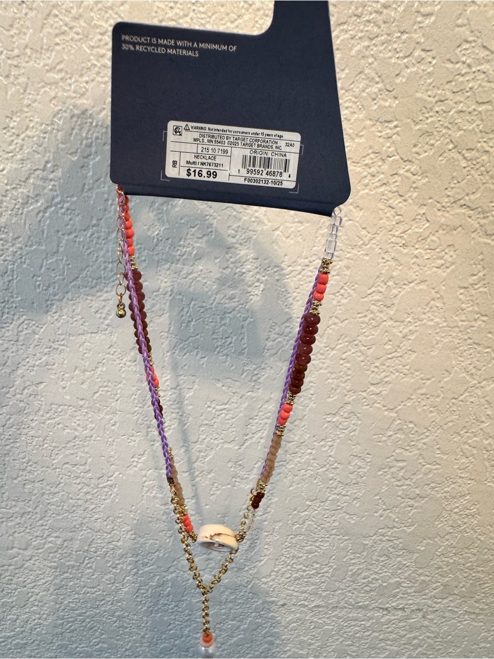 Beaded Shell Y-Style Necklace in Pink & Purple -
